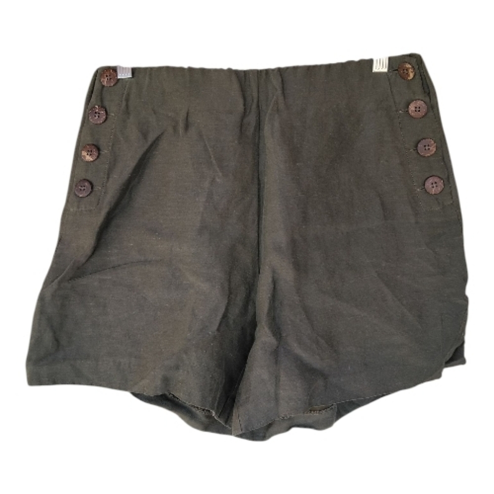Ecru Moss Green Lightweight Linen Blend Wood Side Button Shorts Size Medium